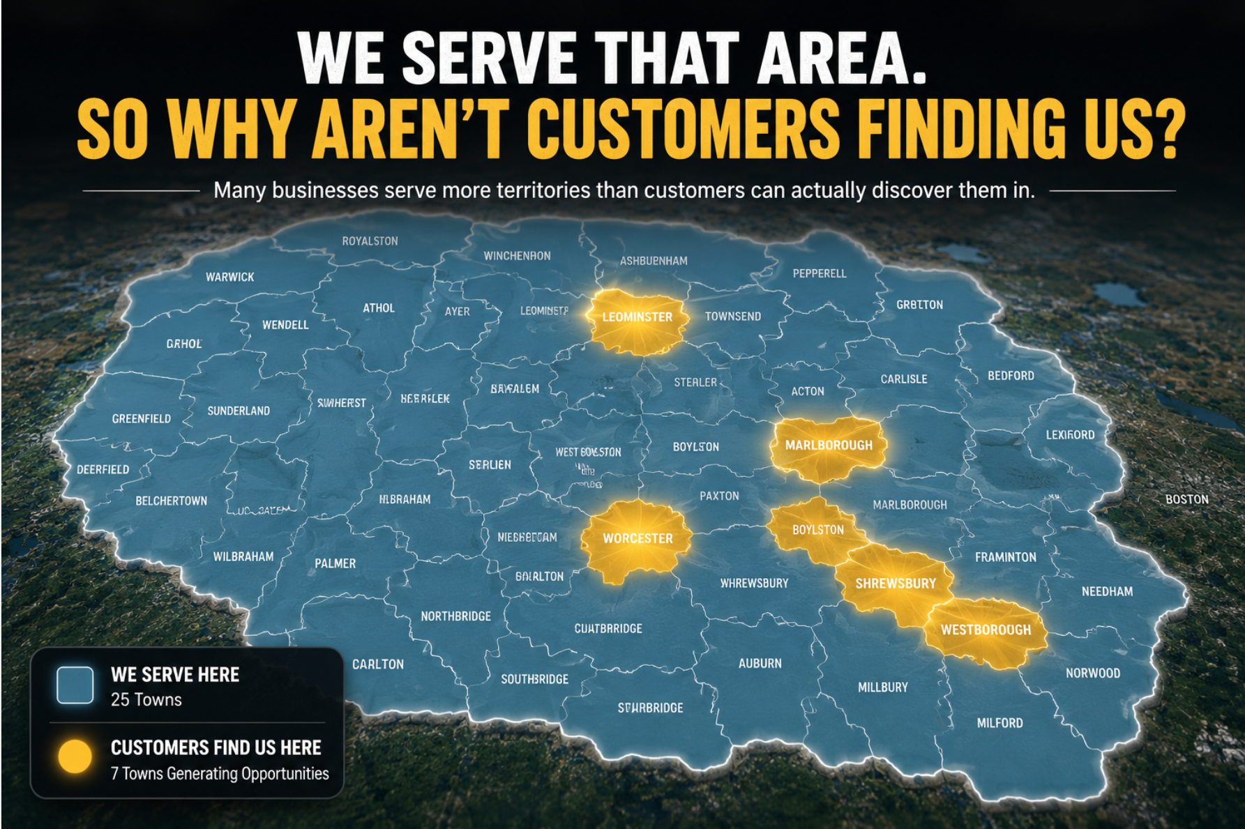 Map-style hero graphic showing a broad service area with only a few towns highlighted where customers consistently find the business.